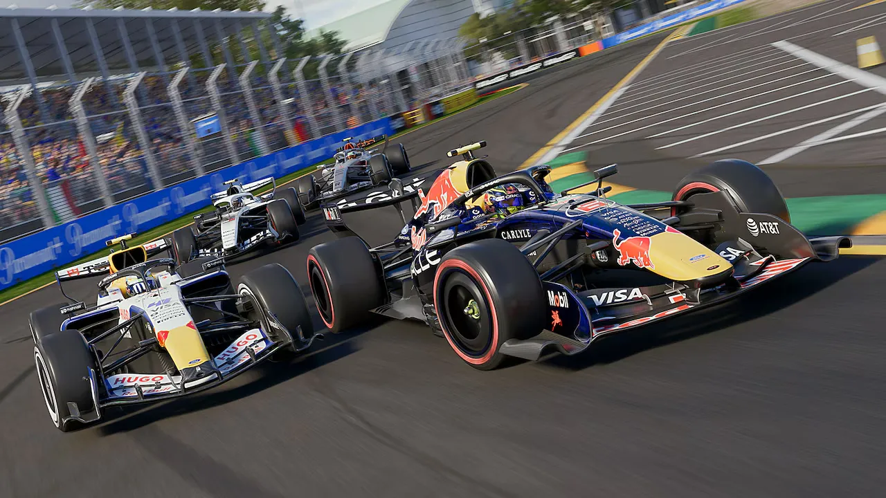 Formula racing cars battling on track